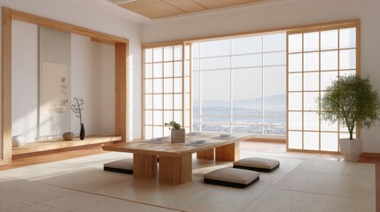 traditional Japanese room, tatami mats, sliding shoji doors, minimal furniture, serene and clean atmosphere 