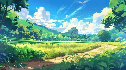 An anime-style illustration of a green meadow with a dirt path, trees and mountains in the background.
