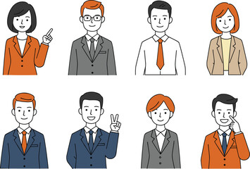 Business People Illustrations, Professional Person Icons, Office Worker Characters, Business Attire Design, Business Team Sketch, Formal Suit Art.