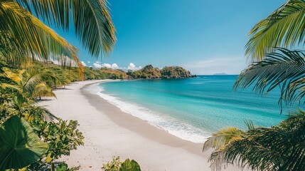 Fototapeta premium A pristine, white-sand beach with turquoise waters and clear blue skies, framed by lush tropical palm trees, creating an exotic paradise.