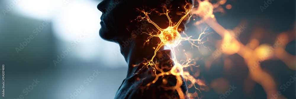 Poster silhouette of a man surrounded by glowing nerve signals in a clinical environment highlighting neura