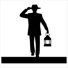 a silhouette of a man holding a lantern, wearing a hat, in black and white vector graphic design art