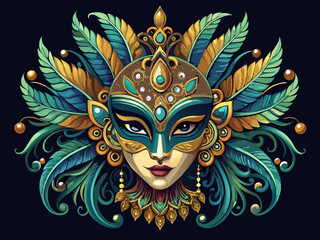 Ornate venetian mask with teal and gold feathers