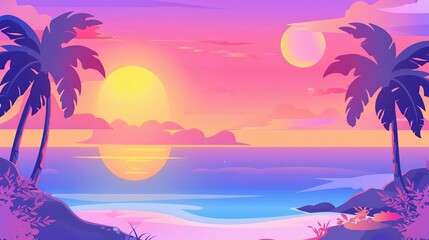 Tropical beach sunset landscape with palm trees and sea, a flat vector illustration background.