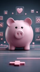 glowing piggy bank surrounded by minimal savings icons conceptual futuristic retirement security