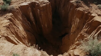 Deep Geological Excavation Revealing Stratified Rock Formation