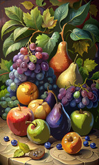 Still life painting of colorful autumn fruits