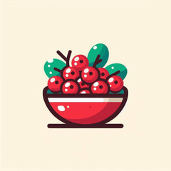 Bowl of red berries with green leaves cartoon style