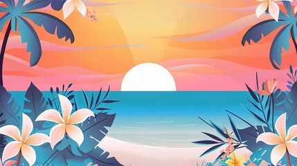 Beach sunset with palm trees and flowers, flat design illustration,  it is suitable for digital art or animation. 