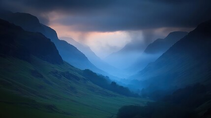 Mystic Mountain Valley Under Dramatic Clouds at Twilight Hours