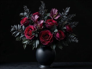 Fototapeta premium “Front view of a dark-themed gothic flower bouquet with black roses, deep purple calla lilies, dark red peonies, black feathers, and smoky eucalyptus, arranged in a matte black vase