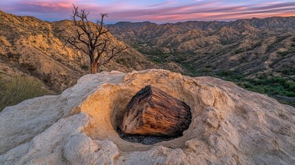 Unique Weathered Log in Rocky Desert Landscape at Sunset