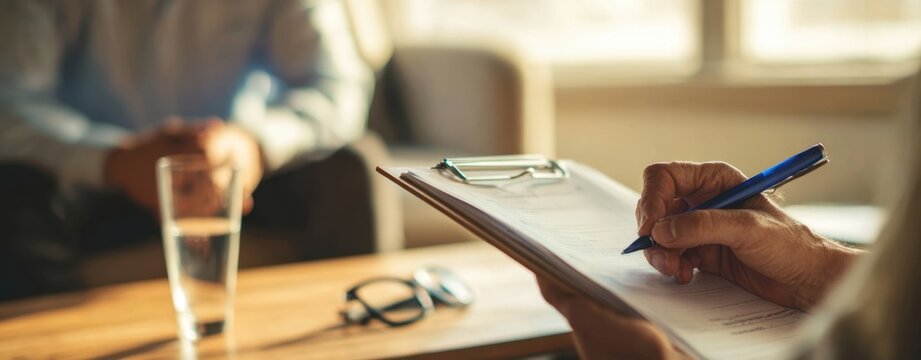 The therapist's hand writing notes during a patient consultation in a cozy office.