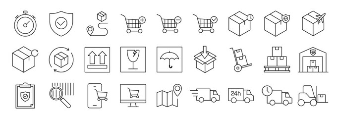 Delivery icon set. Logistics related icons: shipping, truck, fragile, shipment and more. Editable line icons. Vector illustration.
