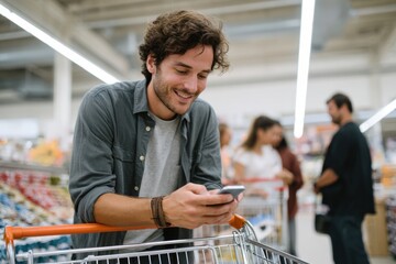 Young man is smiling while using mobile phone in grocery store, leaning on shopping cart. atmosphere is lively with other shoppers in background, creating sense of community and convenience