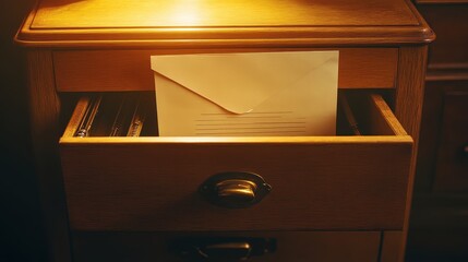 Warm Light Illuminates a Wooden Drawer with An Envelope Inside