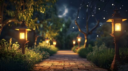 Fototapeta premium Enchanted Night Path: Magical Forest Trail with Moonlit Lanterns