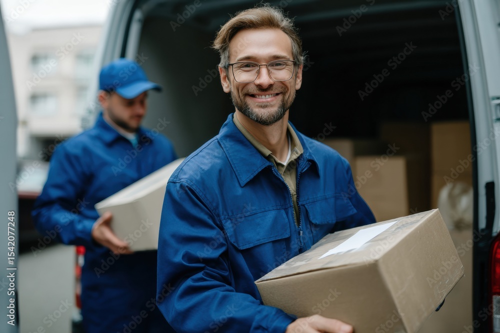 Poster handsome man in blue uniform and glasses smiling while carrying package, with another worker in back