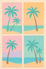 Four distinct palm trees silhouetted against a vibrant sunset on a serene beach.