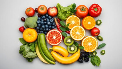 Vibrant flat lay composition of diverse fresh fruits and vegetables on a light background, perfect for health and wellness themes.