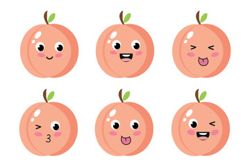 Cute peach emojis expressing various emotions with cheerful faces in a vibrant and playful arrangement.Funny smiley face in flat style with kawaii eyes on white background