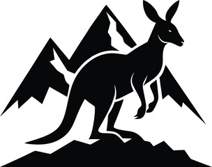 Black Kangaroo Silhouette Mountain Logo Design Vector Illustration Australian Wildlife Art