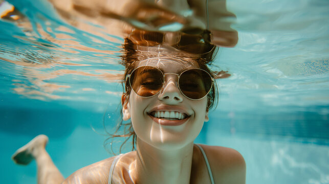Portrait jeune femme sourire sous l'eau de la piscine