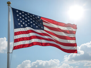 USA flag with stars and stripes waving in the blue sky, Glowing American Flag with Soft Lights