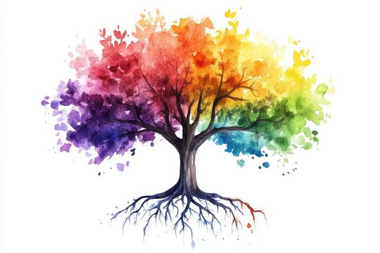 Colorful watercolor tree with vibrant leaves and roots (1)