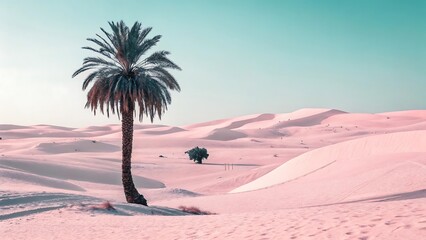 Single palm tree in pink desert landscape under a clear sky