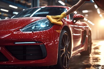 Car wash worker wearing yellow gloves carefully cleaning headlight of luxury red sports car with yellow sponge in professional detailing auto service center