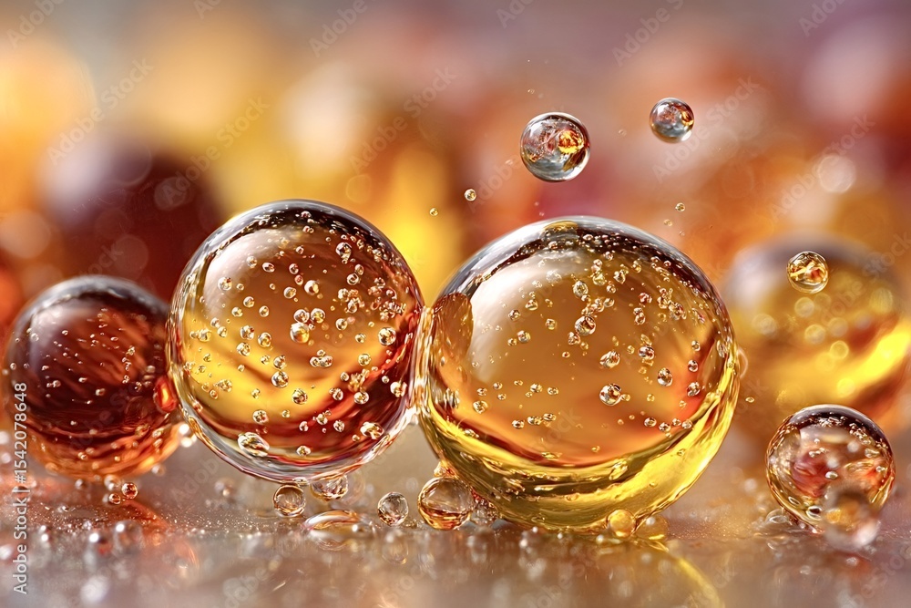 Poster two prominent golden spheres, filled with tiny bubbles, floating and bouncing among smaller spheres 