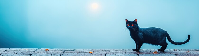 A mystical image of a sleek black cat in a serene, misty setting. The cat's intense gaze and mysterious aura evoke a sense of wonder