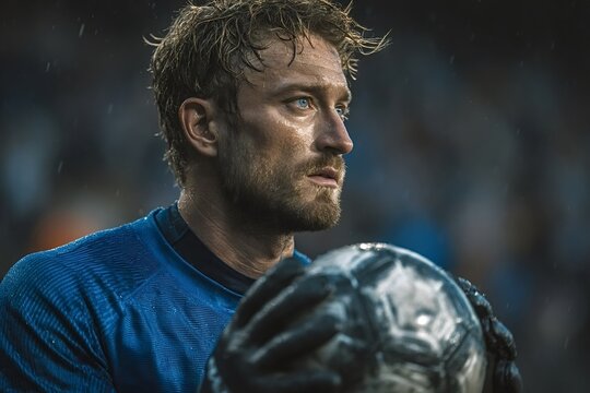 Wet goalkeeper gripping a soccer ball, focused and poised for the next play while rain pours down during an intense match, showcasing determination and skill on the field