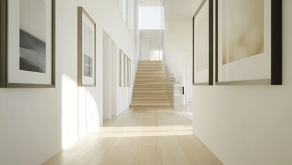 Fototapeta premium Sunlit hallway with light wood floors and framed art