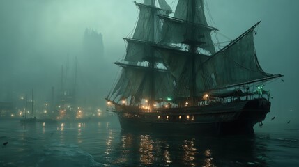 Moody pirate ship approaching foggy port with lanterns glowing on water ideal for fantasy nautical fiction, haunted sea stories and Talk Like a Pirate Day visuals
