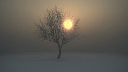 Fototapeta premium Solitary tree silhouetted against a misty sunrise.
