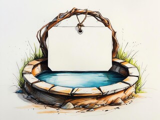 an empty tag attached to a rustic well with verdant surroundings, blank wishing card design for timeless messages and nature-inspired greetings