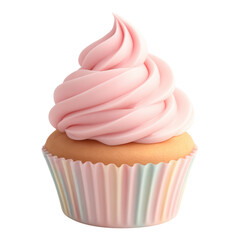 A delicious pink frosted cupcake with a swirled topping