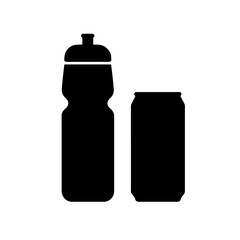 very simple flat and single minimalist Sports Bottle and Aluminium Can Silhouettes in black on a white background