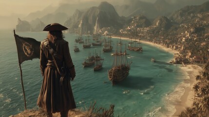 Lone pirate overlooking anchored ships in a tropical bay from a cliff at sunrise perfect for Talk Like a Pirate Day banners, travel ads and cinematic exploration content