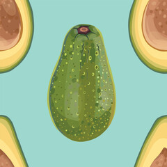 Realistic cartoon avocado fruit pattern on turquoise background