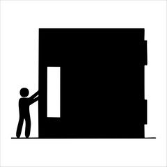 a silhouette of a man pushing a large box. vector illustration of moving furniture and delivery service