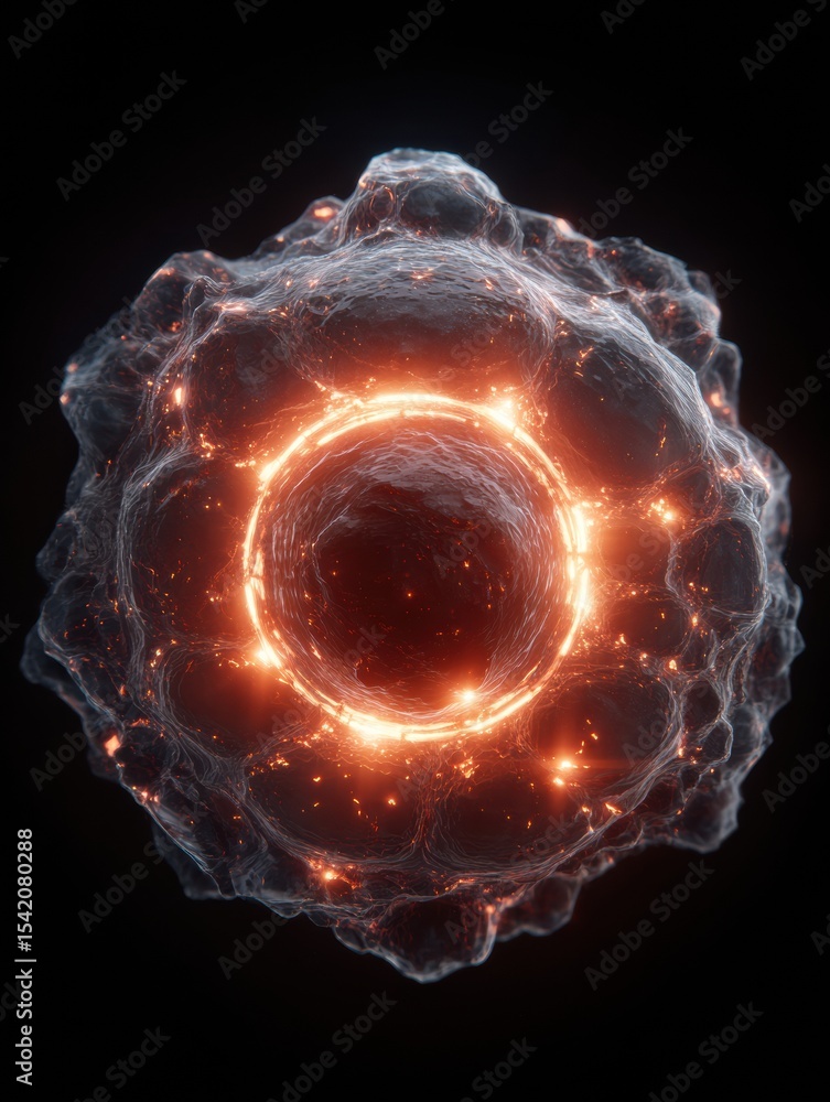 Poster Infected Cell Visual With a Glowing Core Showcasing Sci-Fi Design Elements and Intricate Textures Against a Dark Backdrop