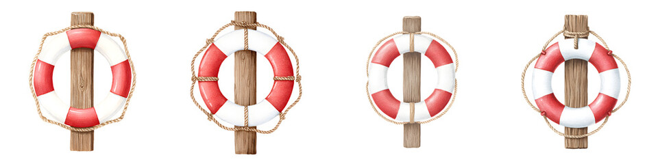 Bright red and white life preserver buoys on wooden posts