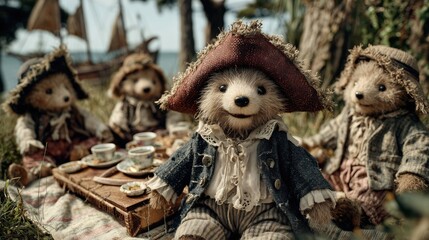 Group of pirate teddy bears having tea picnic near seaside with ship in background perfect for Talk Like a Pirate Day children’s content and whimsical storytelling visuals