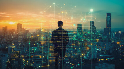 Abstract business man stands on Smart digital Innovation city with connection network reciprocity over the twilight cityscape. of future wireless digital city and social media networking systems