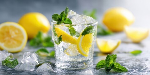 The refreshing glass of lemonade with mint and ice on a sunny day.