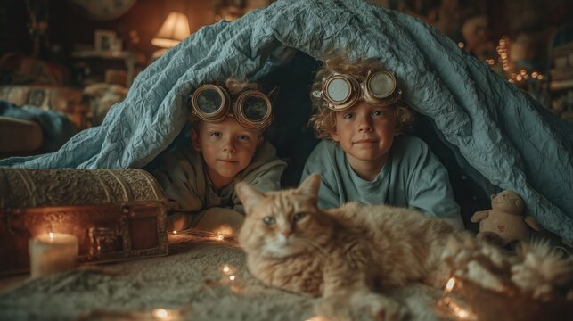 Two children with goggles playing under a cozy blanket fort with a cat and pirate props, perfect for Talk Like a Pirate Day visuals and childhood imagination themed content