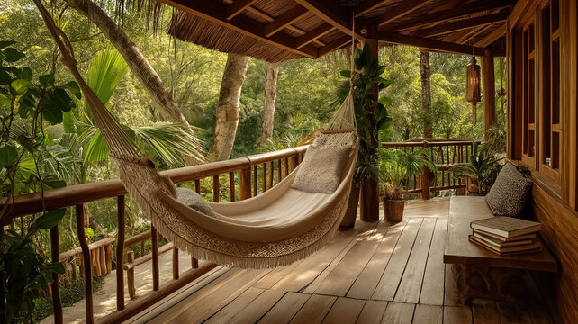 A cozy hammock on a wooden porch surrounded by tropical greenery. A quiet place to relax and read